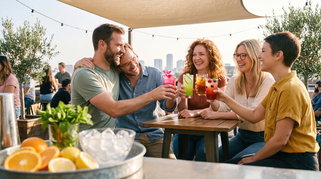 Friends Toasting Mocktails on a Rooftop Bar at Sunset