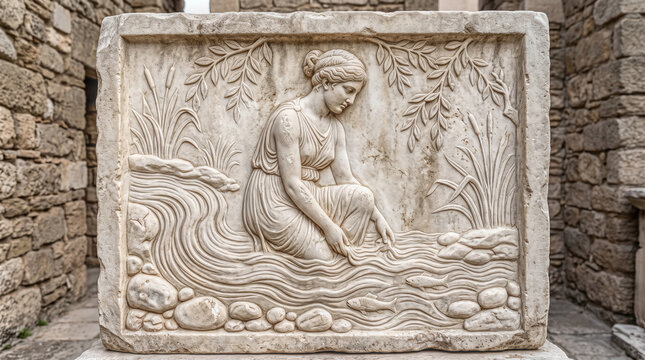antique style refined bas-relief sculpture in marble of woman bathing in stream with border on stone wall