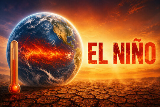 Conceito do fen&ocirc;meno Super El Ni&ntilde;o mostrando clima extremo dividido entre tempestade no mar e terra seca rachada