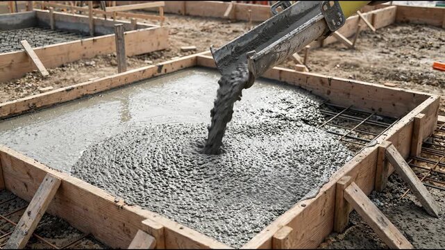 Conceptual Construction Site Pour of Concrete Mix from a Cement Truck for Building New Foundations in a Busy Construction Zone