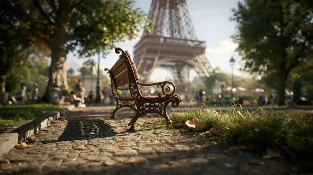 Paris, France, Europe. A vivid portrayal of a park scene with the Eiffel Tower in the background. The main subject is a wooden bench with intricate wrought iron detailing.