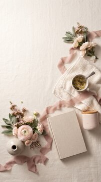 A serene flat lay arrangement of delicate pastel flowers, soft ribbons, a ceramic cup, and an unopened book evokes a sense of tranquility and quiet elegance, perfect for a lifestyle or planning theme.
