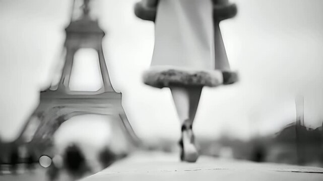 Paris, France, Europe. A monochromatic, closeup photograph captures a persons legs and feet in high heels. The person wears a white dress with a fluffy, furlined hem. The background is blurred.