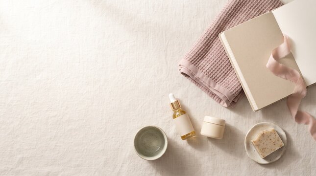 Elegant skincare and beauty products are artfully arranged on a textured linen surface, suggesting a serene self-care ritual or a luxurious spa experience.