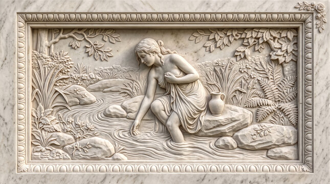 antique style refined bas-relief sculpture in marble of woman bathing in stream with decorative border