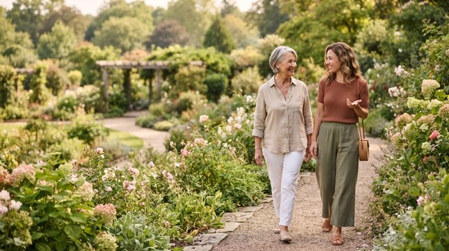 Two women enjoy a leisurely stroll through a beautiful botanical garden, surrounded by vibrant flora and lush greenery, sharing a warm conversation on a sun-dappled path.