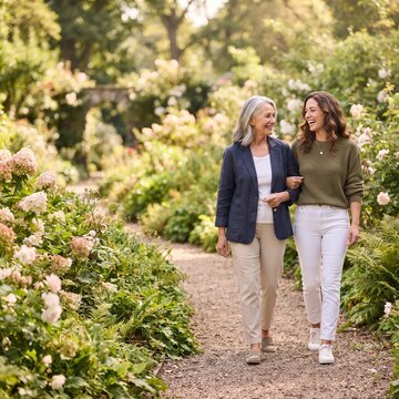 Two women, mother and daughter, stroll along a picturesque garden path, arm in arm, sharing a warm conversation amidst blooming flowers and lush greenery.
