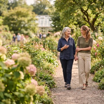 A mother and daughter walk hand-in-hand along a scenic garden path, surrounded by vibrant flowers and lush greenery, enjoying a serene moment together.