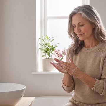 A mature woman with grey hair gently applies cream to her hands, her expression serene and focused, bathed in soft natural light near a window.