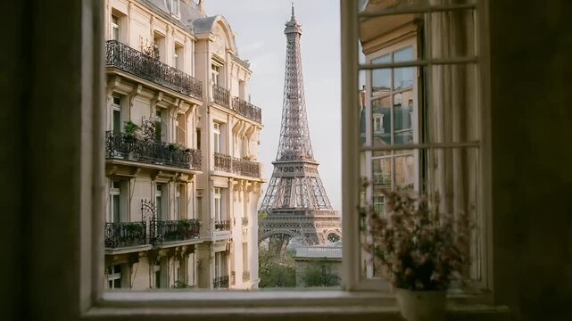 Paris, France, Europe. A panoramic view of the Eiffel Tower from a window in Paris, France. The iconic structure stands tall against a clear sky.