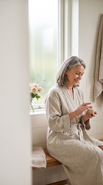 A smiling, mature woman with grey hair sits in a serene bathroom, applying cream to her hands while wearing a soft bathrobe. Natural light streams in from a window, illuminating the peaceful scene.