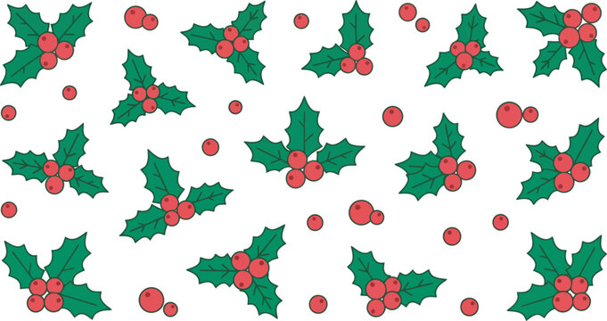 Seamless pattern of festive christmas holly leaves and red berries on a white background