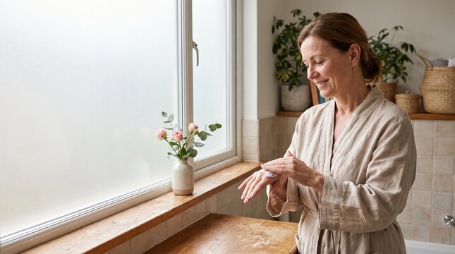 A serene woman in a plush robe gently applies moisturizer to her hand, her face radiating a soft smile as she enjoys a moment of self-care by a sun-drenched window.