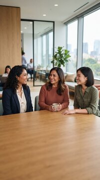 Three diverse women colleagues engage in a lively discussion around a table in a modern office setting, illuminated by natural light pouring in from large windows.