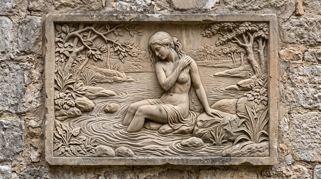 antique style refined bas-relief sculpture in stone of woman bathing in stream with border on stone wall