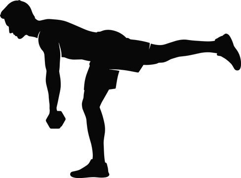 Black vector silhouette of a man performing a single leg deadlift exercise with a dumbbell.