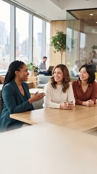 Three professional women of diverse ethnicities engage in a lively discussion around a polished conference table, bathed in the soft, natural light filtering through expansive office windows.
