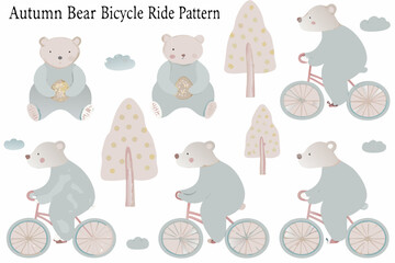 autumn bear bicycle ride pattern trees clouds cute animal seasonal nature illustration vector © Amrito