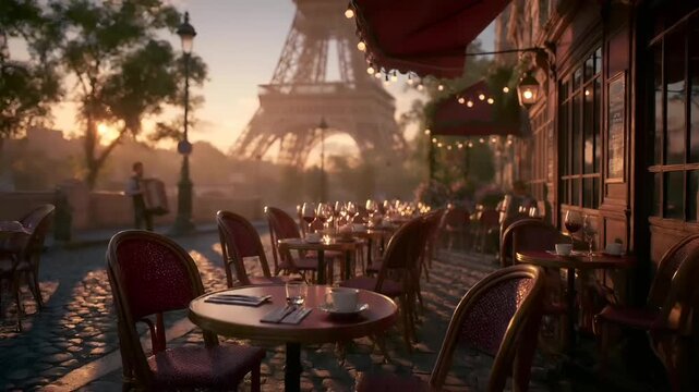 Paris, France, Europe. A vivid portrayal of a Parisian cafe at sunset, with the Eiffel Tower in the background. The scene is illuminated by warm, golden light.
