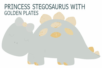 princess stegosaurus with golden plates cartoon dinosaur illustration gray yellow childish funny playful © Amrito