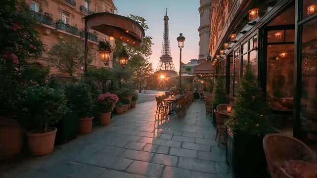 Paris, France, Europe. A vivid portrayal of a Parisian street scene at dusk. The Eiffel Tower stands tall in the background, illuminated by the warm glow of the setting sun.