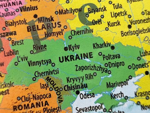 Close up map of ukraine and eastern european nations