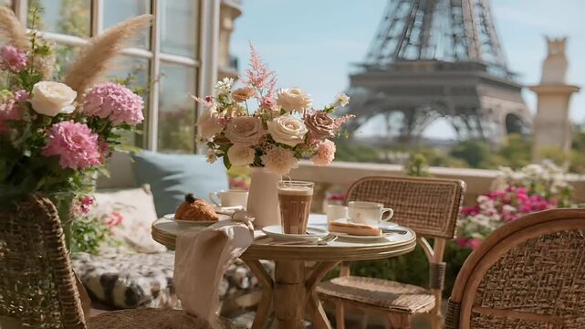 Paris, France, Europe. A vivid, sunlit scene of a cozy outdoor cafe or terrace overlooking the Eiffel Tower. The main subject is a round wooden table set with a vase of pink and white flowers.
