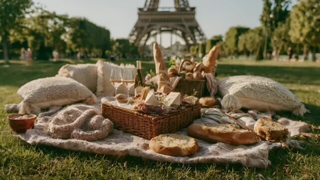 Paris, France, Europe. A vivid outdoor scene depicts a picnic in front of the Eiffel Tower. The main subject is a picnic basket filled with a variety of food items, including bread, cheese, and meats.
