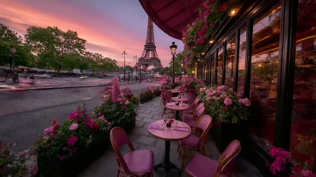 Paris, France, Europe. A vivid portrayal of a Parisianstyle cafe at dusk, with the Eiffel Tower in the background. The scene is bathed in the warm glow of the setting sun.