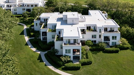 Obraz premium Modern White Apartment Building Complex with Lush Green Landscaping and Balconies