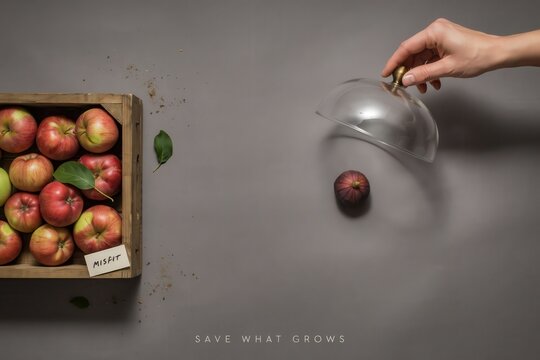 Hand lifting glass cloche cover from single fig next to wooden crate filled with fresh apples on grey background save what grows concept