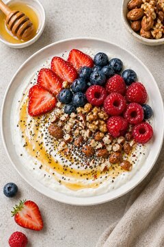 Yogurt bowl with berries nuts and honey top view for a healthy breakfast