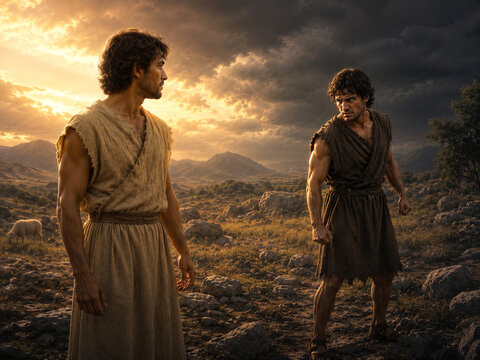 Cain and Abel standing face to face in a field under a dramatic sky at sunset