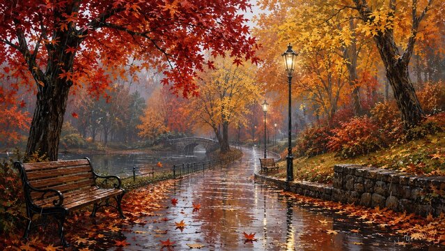 Autumn park with a bench lamp post and bridge among colorful leaves in the fog