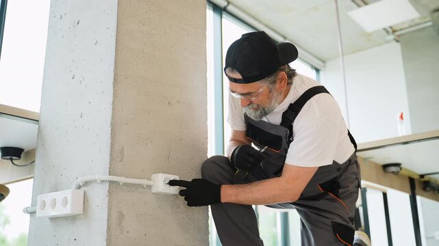 Professional electrician installing a power outlet on a concrete wall