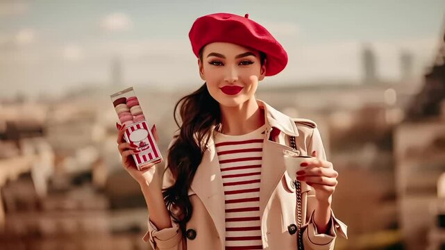 Paris, France, Europe. A portrait of a woman in a Parisian setting. She wears a red beret, a white and red striped shirt, and a beige trench coat.
