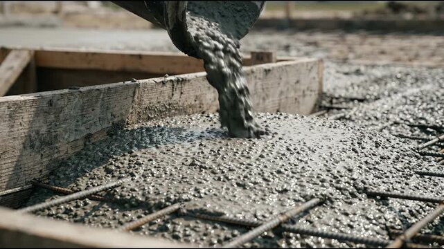 Conceptual Construction Process Featuring a Close Up View of Concrete Being Poured into Rebar Foundation for Robust Structural Engineering