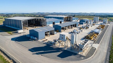Fototapeta premium Aerial view of a large modern concrete and construction material manufacturing plant, featuring industrial buildings, silos, and production areas under a clear sky