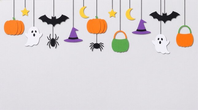 Hanging paper Halloween decorations featuring pumpkins ghost's bats spiders and witch hats against white background
