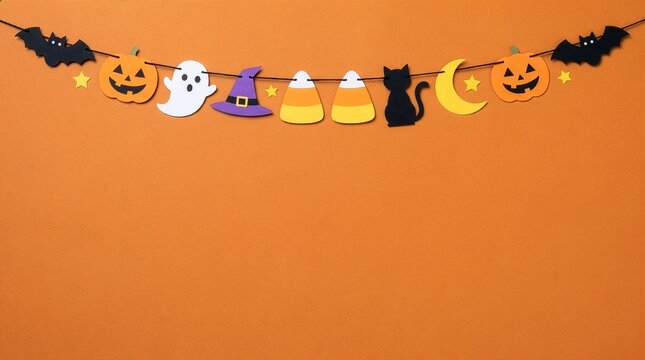 Halloween paper garland decoration suspended against vibrant orange background with festive holiday icons copy space
