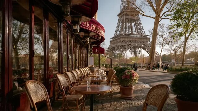 Paris, France, Europe. A vivid portrayal of a Parisian outdoor cafe with the Eiffel Tower in the background. The cafes exterior features a red awning with the words JE PARONNA written in white.