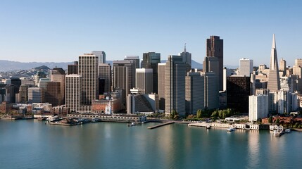 Naklejka premium Panoramic View of a Bustling Cityscape with Tall Skyscrapers Reflecting in the Calm Water Under a Clear Blue Sky