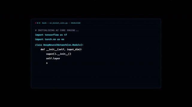 Neural network Python code typing terminal screen animation.
