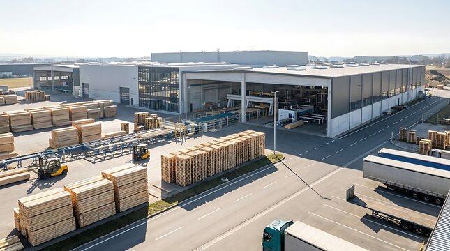Modern wood processing plant with vast outdoor storage of lumber stacks, showcasing efficient timber logistics and sustainable industrial operations under a bright sky