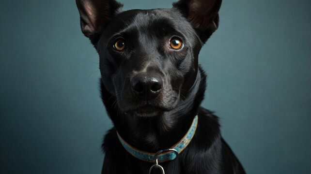 Black dog portrait on blue background &ndash; modern pet illustration with expressive eyes