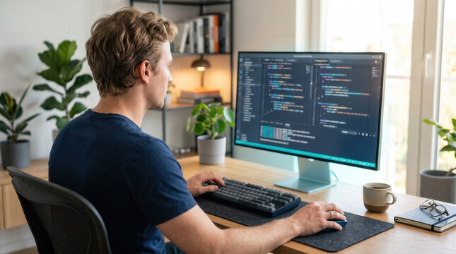 Software Developer Writing Code at Home Office Desk
