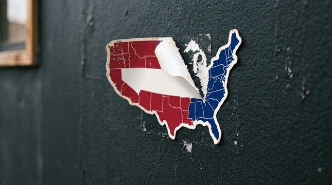 Peeling United States map sticker with red and blue state divisions on a dark wall, symbolizing political polarization, national unity concepts, and election dynamics.