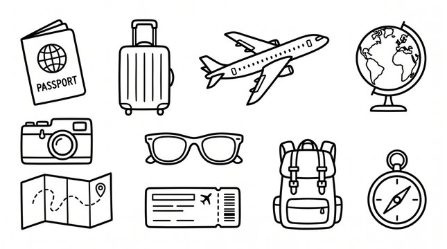 Travel icon set with passport, suitcase, airplane, globe, camera, sunglasses, map, boarding pass, backpack, compass, minimalist black outline style on white background.