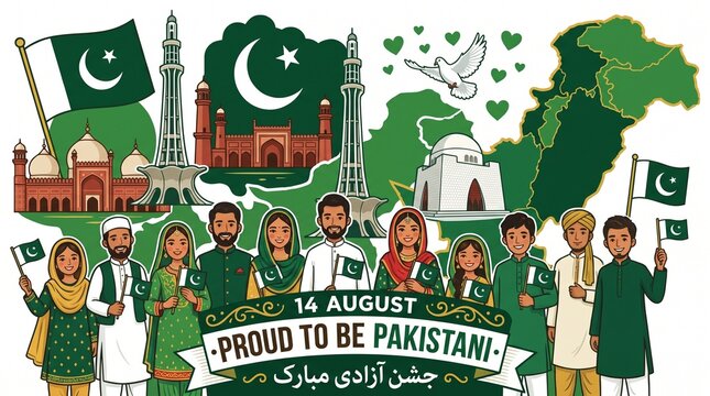 Pakistan Independence Day illustration with flag, Minar‑e‑Pakistan, Badshahi Mosque, Quaid‑e‑Azam Mausoleum, map, dove, hearts, people holding flags, text &ldquo;14 August Proud to be Pakistani.&rdquo;