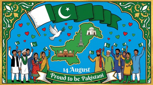 Pakistan Independence Day illustration with flag, Minar‑e‑Pakistan, Badshahi Mosque, Quaid‑e‑Azam Mausoleum, map, dove, hearts, people holding flags, text &ldquo;14 August Proud to be Pakistani.&rdquo;